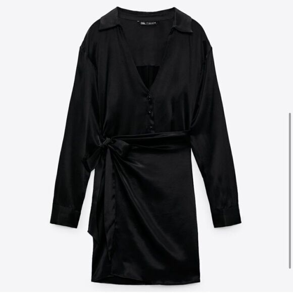 Zara  Black Satin Effect Wrap Mini Dress - Picture 3 of 4